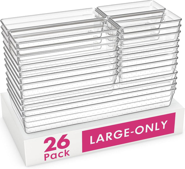 Criusia 26 Pack Large Clear Plastic Drawer Organizer Bins, Heavy Duty Acrylic Kitchen Storage