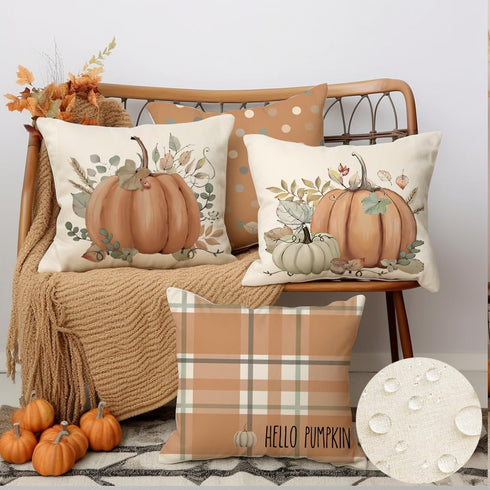 RABUSOFA Outdoor Fall Decor Pillow Covers 18x18 Inch, Waterproof Pumpkin Pillow Cases Set of 4, Thanksgiving