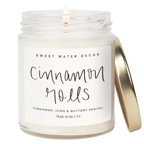 Sweet Water Decor Cinnamon Roll Candle - Fall Scented Soy Candle with 40 Hours Burn Time - 9Oz Gold Lid Clear Jar