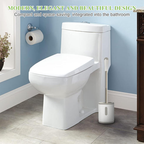 Compact Toilet Brush & Holder, White & Grey, Stainless Steel Handle, Deep Cleaning, Drip-Proof, Easy to Assemble