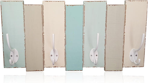 Beachy Wood Wall Rack Tumbler Home - 4 Double Metal Hooks, Distressed Finish, 16 inch x 8 inch Decor