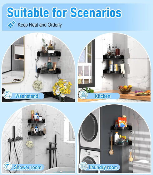360 6 2PACK 5Pcs Rotating Shower Caddy Shelf With Hooks, Bathroom Organizer With Adhesive, Stainless Steel Corner Racks