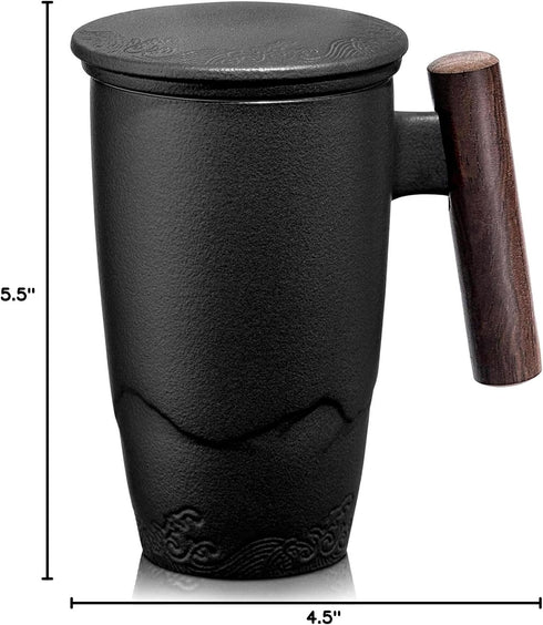 400ml/13.5oz suyika Tomotime Ceramic Tea Cup with Infuser and Lid Tea Mugs Wooden Handle Black