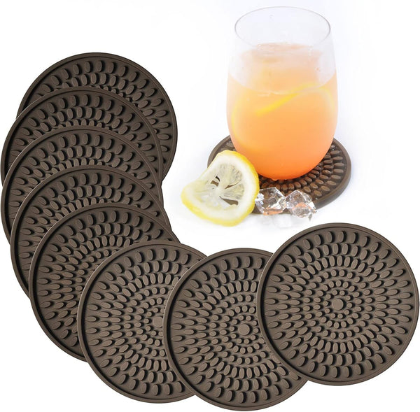 KindGa Coasters for Drinks – Absorbent Rubber Brown Coasters Set of 8, Large Silicone Drink Coaster for Protection.