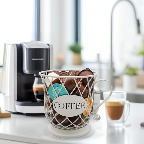 Coffee Pods Storage Basket for 35 K Cup Organizer, Decorative Holder for Coffee Bar Countertop - White.