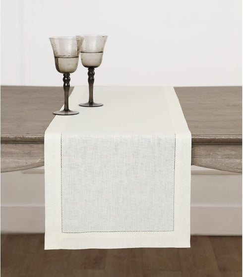 Solino Home Ivory Linen Table Runner - 108 Inches Long - 100% Pure Linen Classic Hemstitch - Machine Washable