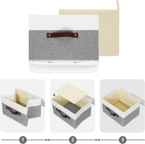 ANMINY Storage Boxes with Lids, Washable Decorative Bins with PU Leather Handle, Gray White, Small