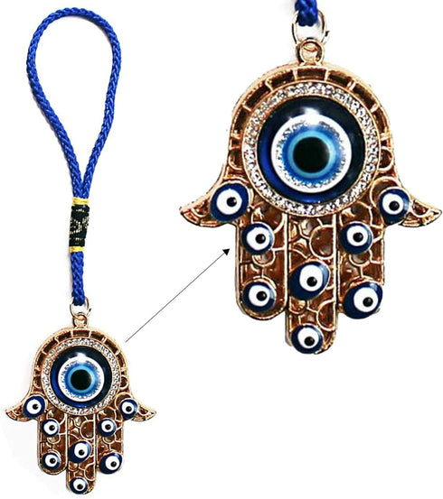 Hamsa Hand Amulet Pendant w/Crystal Rhinestones, Blue, White & Black Evil Eye Car Hanging Ornament