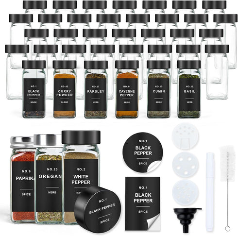 OMOZUN Spice Jars with Label, 36pcs 4oz Glass Spice Jars with Black Lids,