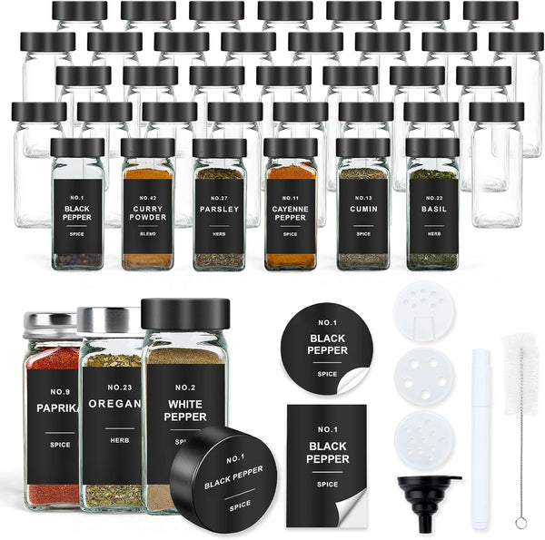 OMOZUN Spice Jars with Label, 36pcs 4oz Glass Spice Jars with Black Lids,