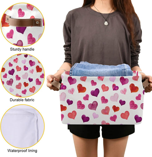 senya Valentines Storage Basket, Large Foldable Storage Basket with Handles, Pink Love Hearts Fabric Organizer Bag for