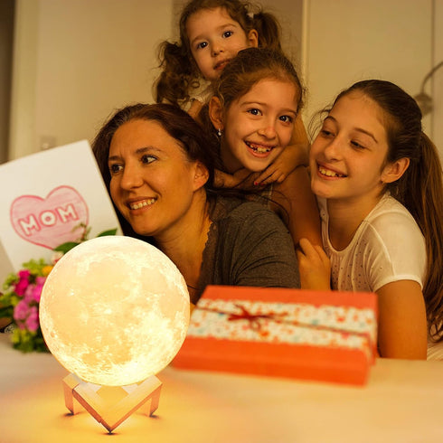 Mydethun 3D Moon Lamp, 5.9" Night Light with Wooden Base, Touch-Dimmable & Rechargeable, Gift for Mom, Home Décor