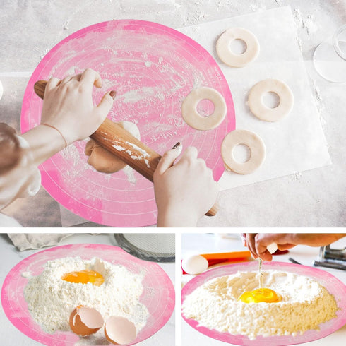 Silicone Cake Mat, 12 Inch Round Silicone Mat, Cake Mat with Measurements, Cake Turntable Mat, Reusable Cookie Mat for Rolling Dough, Non-Stick Heat Resistant, Pastry Baking Pad Pink by Qoaimu