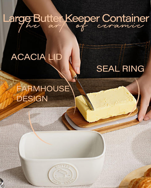Getstar Ceramic Butter Dish with Acacia Lid, Silicone Sealing, Large Butter Keeper Container for Countertop