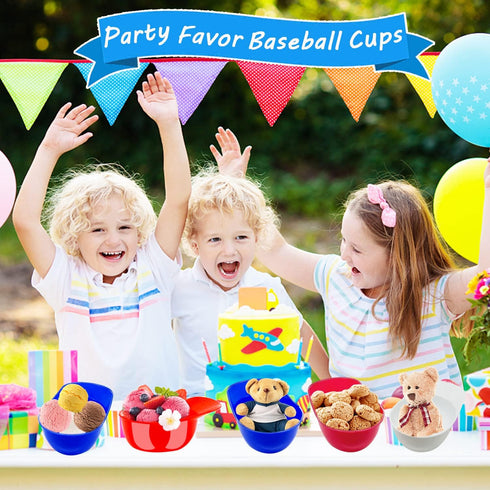24 Pack Plastic Baseball Helmet Bowls, Mini Ice Cream Dessert Cups, Party Snack Bowls for Birthday Supplies (Red Blue