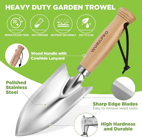 WORKPRO 11" Garden Hand Trowel, Heavy Duty Polished Stainless Steel Shovel with Wood Handle