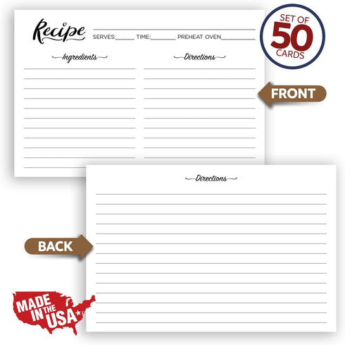 Double Sided Recipe Cards 4x6 Inch, Set of 50 Thick Cardstock Recipe Cards with Lines, Easy To Write On Smooth Surface, Line Printed, Large Writing Space (Black and White)