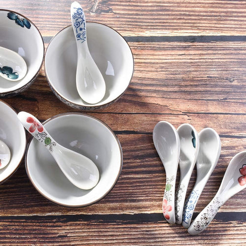 Japanese Style Soup Spoons Set of 8, Ceramic Ramen Spoons for Wonton, Salad, Porridge
