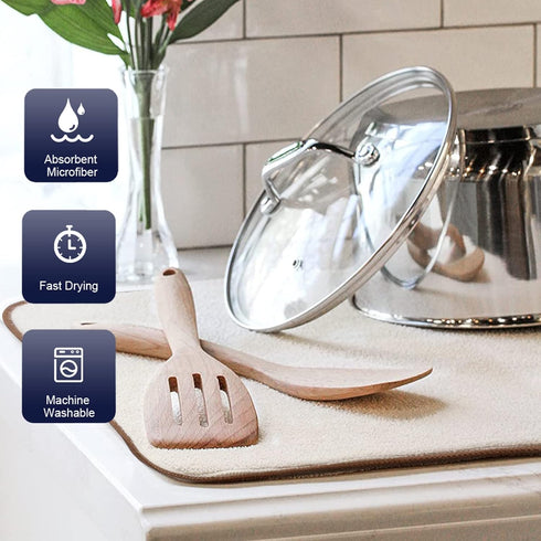 SINLAND Microfiber Dish Drying Mat - Super Absorbent Pad for Kitchen Counter, Large Size 16Inch X 18Inch, Beige 2 Pack