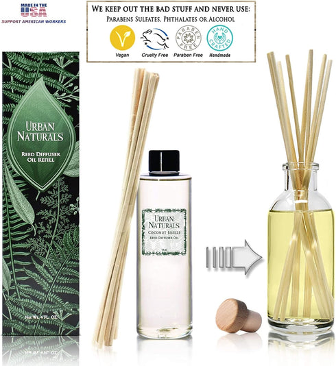 Urban Naturals Coconut Breeze Scented Oil Reed Diffuser Refill, Includes Free Reed Sticks, 4 oz, Made in The USA