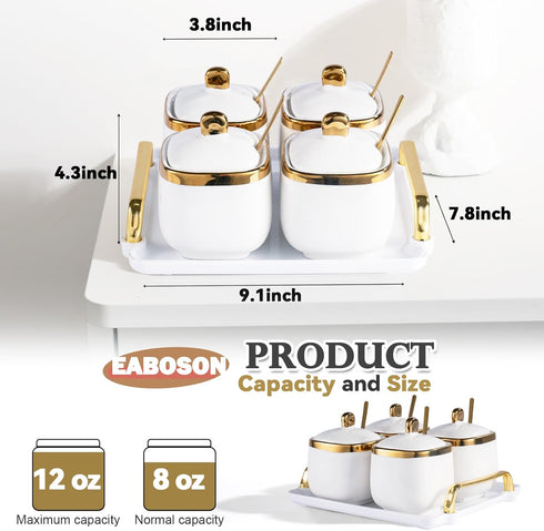 EABOSON 4 Pack Set Gold Condiment Spice Jars with Lids, Spoons, Tray - Ceramic Seasoning Box for Salt, Pepper, Sugar