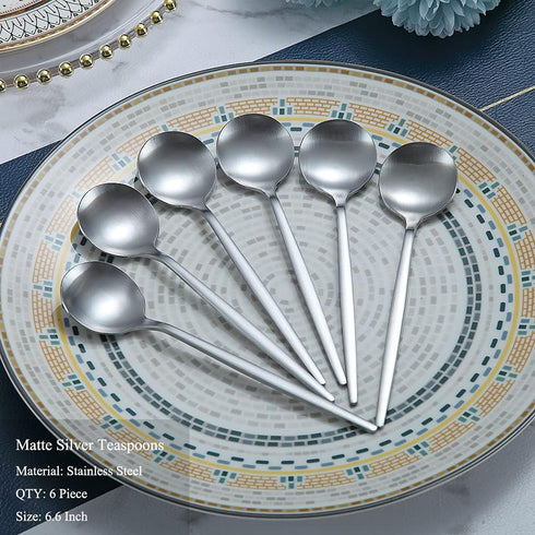 Teaspoons 6 Piece, 6.6'' Spoons Silverware, Stainless Steel Small Spoons, Tea Spoons for Home, Kitchen or Restaurant, Dishwasher Safe (Matt Silver-6.6 Inches)