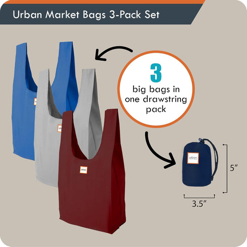 Ocean 3 Foldable Reusable Shopping Bags in 1 Compact Pouch, Durable Fabric, Holds 50+ lbs, Machine Washable