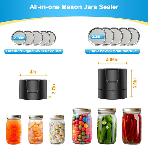 Electric Mason Jar Vacuum Sealer Kit, 2000mAh Battery, Compatible with Wide & Regular Mouth Lids, Black