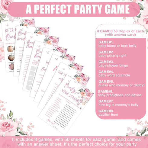 Honoson 279 Set 50 8 Mommy Mommys Pcs Pink Floral Baby Shower Games for Guest, Games Include Baby Shower, Guess