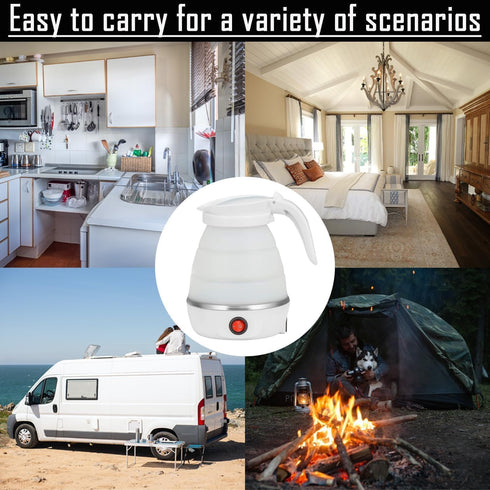 Foldable Electric Travel Kettle - Portable Silicone Collapsible Water Boiler and Tea Pot for Camping, White