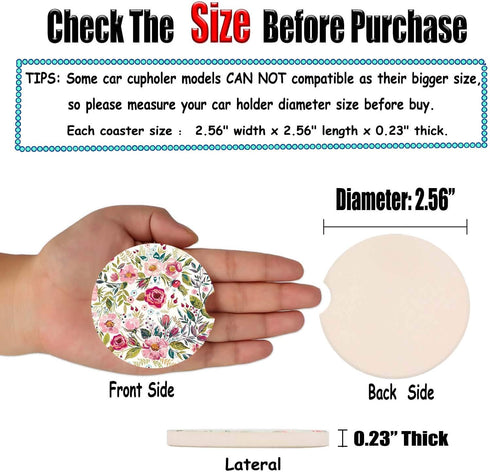 Car Coasters for Women, 2 Pack Mother's Day Auto Ceramic Coasters for Cup Holders, Easy Removal (Flower)
