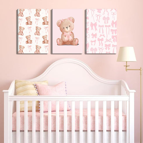 3Pcs Pink Teddy Bear Canvas Wall Art Coquette Bow Wall Decor Pictures Cute Animal Nursery Posters Prints for Baby Girls