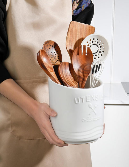 AISBUGUR Large Ceramic Utensil Holder, 7.5" H×6.3" W with Slanted Mouth, Non-Slip Cork Base for Kitchen Counter
