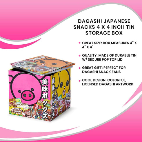 Dagashi Japanese Anime Otaku Snacks Tin Storage Box - 4x4-Inch Metal Novelty Stash Container with Pop Top Lid