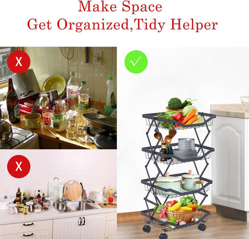 ULIKEUS 4 Tier Fruit Basket for Kitchen Stackable Metal Wire Fruit Vegetable Basket with Wheels Narrow Corner Rolling
