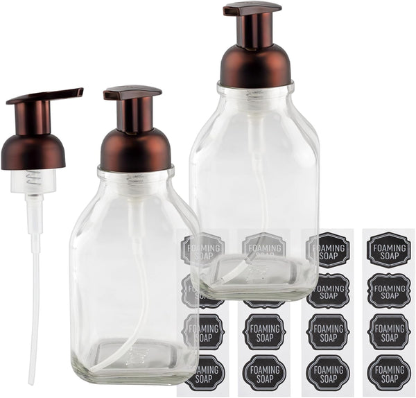 Cornucopia Brands 16-Ounce Clear Glass Foaming Soap Dispensers (2-Pack) with Bronze Color Pump