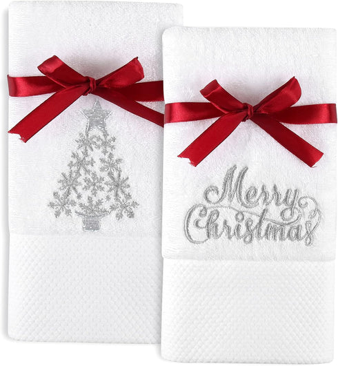 Quera 2 Pack Christmas Hand Towels Set, 100% Cotton Embroidered Luxury Decorative Dish Towels for Cleaning, Cooking
