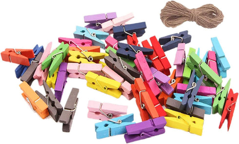 Wooden Clothes Pins, 100pcs 1.3 Inch (3.5cm) Mixed Colored Small Clips with 33 Feet Jute Twine