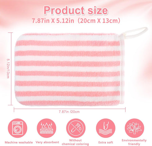 PHOGARY 6 5"x8" Striped Bath Mitts Washcloths, Small Hand Towels with Hanging Loop, Super Absorbent Soft Coral Fleece