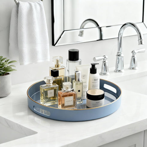 13 Zosenley Decorative Tray, Round Plastic Tray with Handles, Modern Vanity Tray and Serving Tray for Ottoman, Coffee