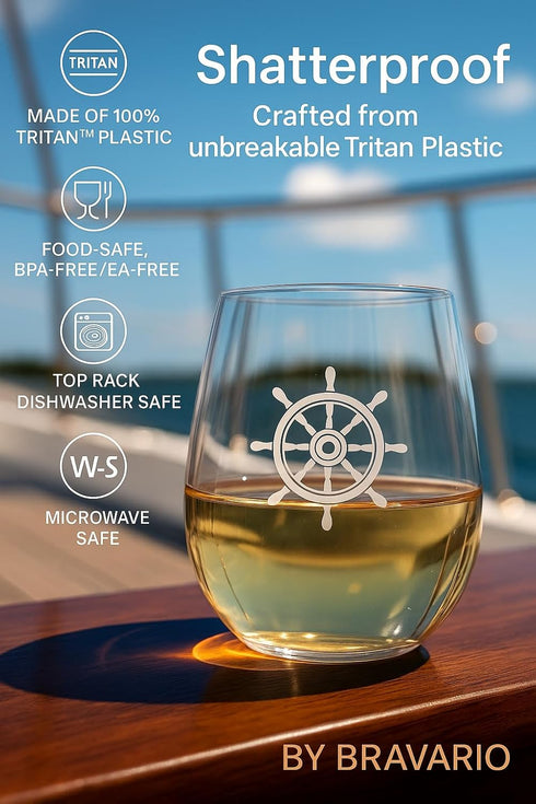 Set of 4 Stemless Boat Wine Glasses – 16oz Unbreakable Nautical Glasses with Anchor, Compass, Helm & Life Ring,