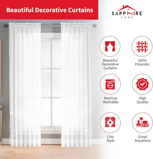 Sapphire Home White Sheer Curtains - 2 Panels Set, Light Filtering Textured Drapes, 84 Inches Length for Living Room,