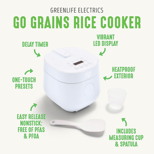 GreenLife 4-Cup Digital Rice Cooker, PFAS & PFOA-Free, Removable Ceramic Pot, Touch-screen, White