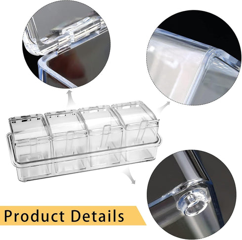 4-Cell Clear Seasoning Rack, Acrylic Spice Box with Cover and Spoon, Storage Container for Condiments