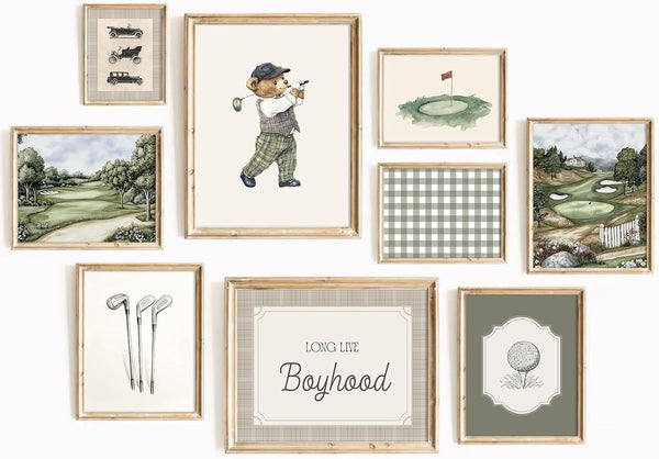 Lhoiplme Vintage Sports Nursery Wall Art Decor Teddy Bear Golf Prints Baby Toddler