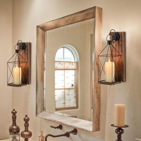 Candle Sconces Wall Decor: Farmhouse Wood Candle Holder Indoor Black Metal Lantern Decorations for Living Room Front