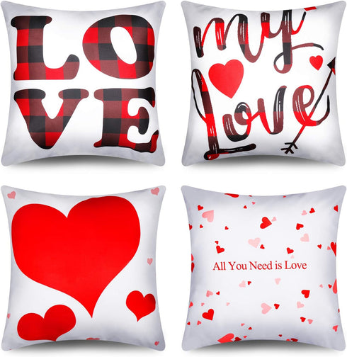 Set of 4 Valentine Throw Pillow Cases, 18x18 Inch Romantic Red Heart Cushion Covers for Sofa Decor
