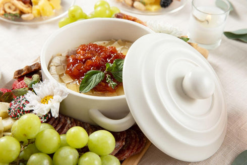 CYPRESS SUNRISE 5 Brie Baker with Lid and Spreader - White Ceramic Baking Dish for Cheese, Baked Brie, Fondue, Dip