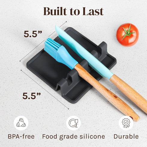 Black Silicone Spoon Rest with Drip Pad - Heat-Resistant Utensil Rest & Spoon Holder for Kitchen Counter