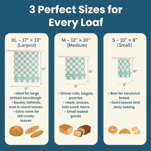 3-Pack Reusable Beeswax Bread Bags (XL, M, S) - Organic Cotton Beeswax Bread Storage Bag for Homemade Bread & Sourdough